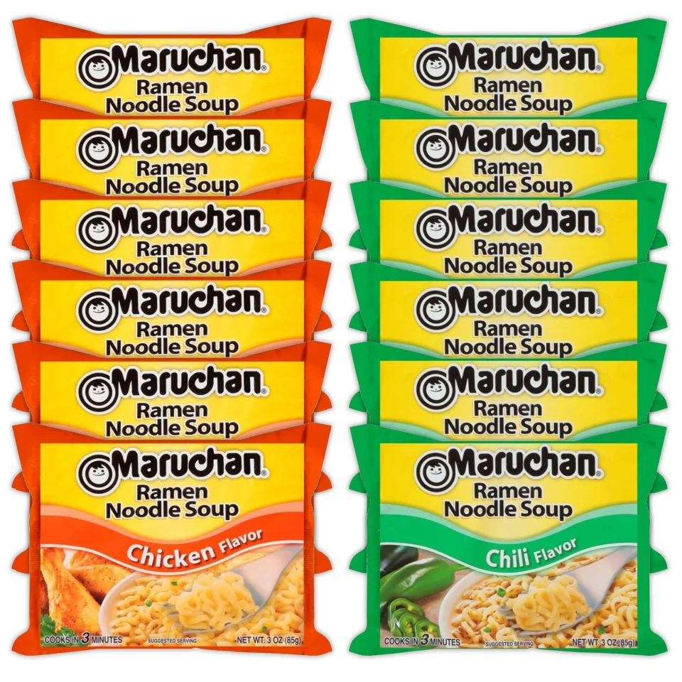 Supreme Wooden Maruchan Ramen Instant Noodle Soup Variety, 2 Flavors - 6 Packs Chicken & 6 Packs Chili , 3 Ounce Single Servings Lunch / Dinner Variety