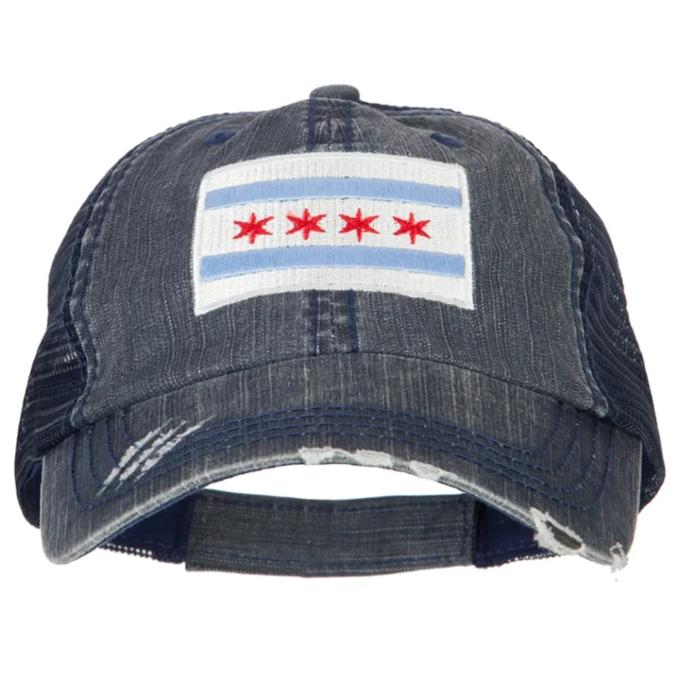 Glass Bamboo Chicago Flag Embroidered Low Profile Cotton Mesh Cap - Navy OSFM