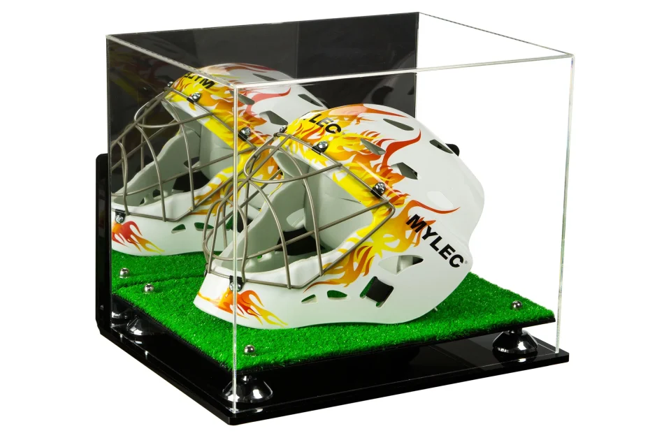 Storage Upgraded Deluxe Acrylic Lacrosse Helmet Display Case with Mirror, Wall Mount, Silver Risers and Turf Base (A002-SR)