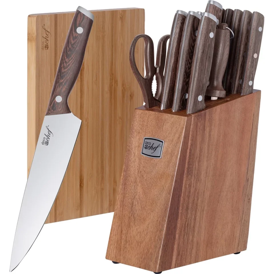 Select Silicone Open Box Deco Chef 16-Piece Kitchen Knife Set Stainless Steel with Wood Handles, 8 Chef Knife, 6.5 Cleaver, 8 Bread Knife, 8 Slicing Knife, 4.5 Paring Knife, 6pcs Steak Knives, and More