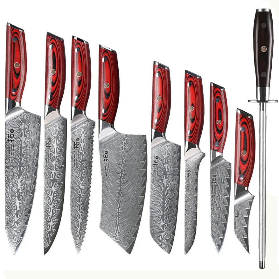 Safe Easy-Clean 9Pcs TURWHO Kitchen Knife Japan VG10 Damascus Steel Chef Knife Sharpener Set Red