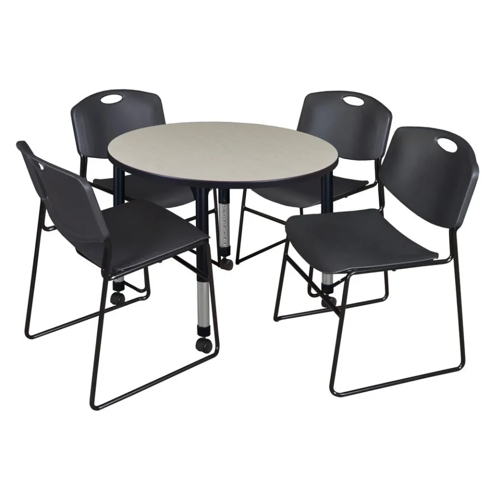 Core Popular Belen Kox Kee 36 Round Height Adjustable Mobile Classroom Table - Maple & 4 Zeng Stack Chairs- Black