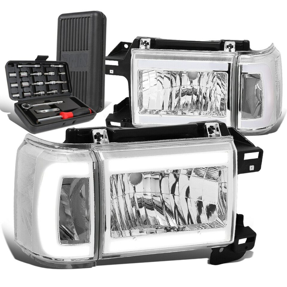 Lightweight 1987-1991 D BRONCO LED DRL Bar Chrome Clear Signal Headlight+Tool Box