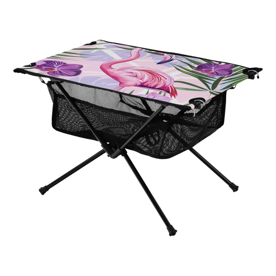 Healthy Ceramic Flamingo in Flowers Camping Folding Table Portable Beach Table with Storage Bag Compact Picnic Table for Outdoor Travel Fishing BBQ