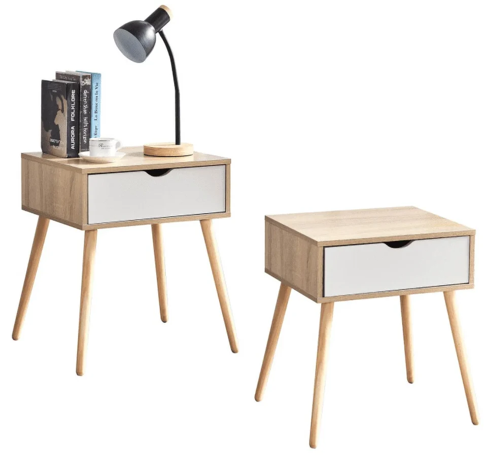 Versatile End Table Set of 2ﾣﾬSide Table with 1 Drawer Accent TableﾣﾬAnti-falling Drawer, Smooth Roller Wood White