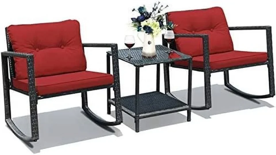 Eco-Friendly Value YFENGBO 3 Pieces Rocking Bistro Set Outdoor Patio Rocking Chairs with Coffee Table Rattan Wicker Conversation Set for Garden Lawn Backyard Balcony