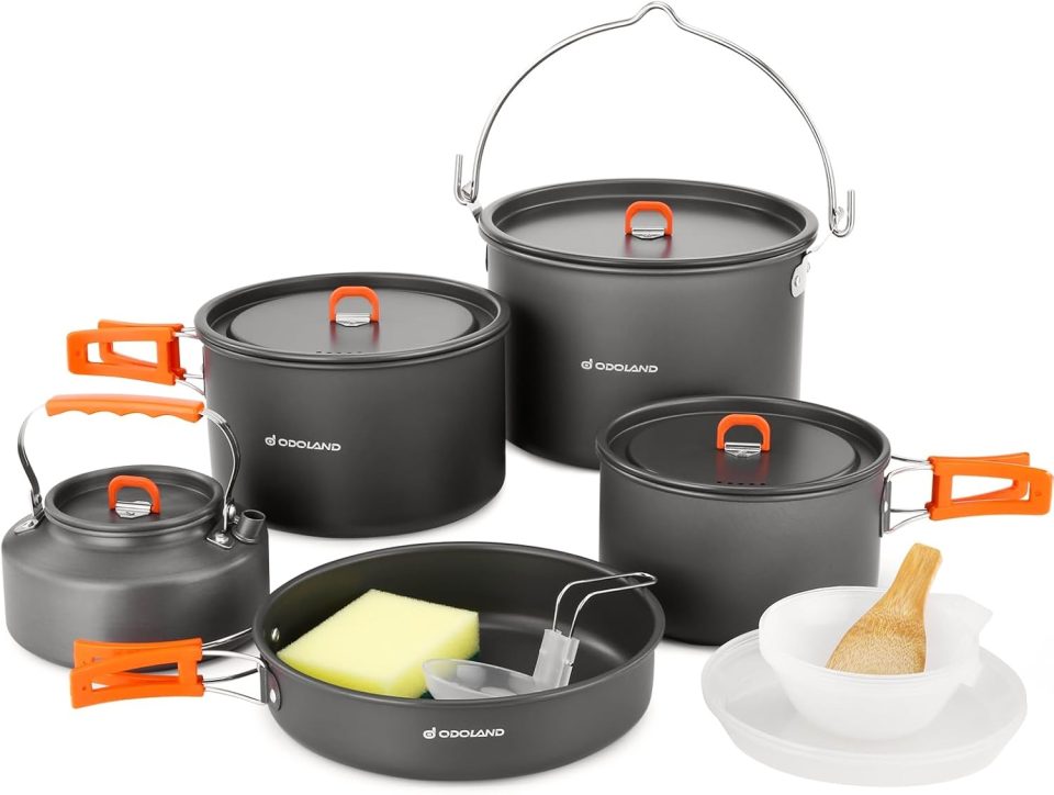 Glossy Home Camping Cookware Set. Odoland 18pcs Camping Cookware Large Size Hanging Pot Pan Kettle Set with Plastic Plates Bowls Soup Spoon for Camping