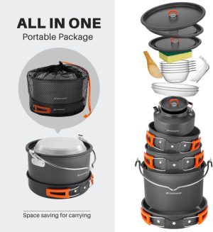 Glossy Home Camping Cookware Set. Odoland 18pcs Camping Cookware Large Size Hanging Pot Pan Kettle Set with Plastic Plates Bowls Soup Spoon for Camping