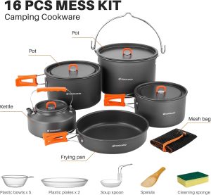 Glossy Home Camping Cookware Set. Odoland 18pcs Camping Cookware Large Size Hanging Pot Pan Kettle Set with Plastic Plates Bowls Soup Spoon for Camping