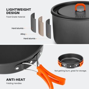 Glossy Home Camping Cookware Set. Odoland 18pcs Camping Cookware Large Size Hanging Pot Pan Kettle Set with Plastic Plates Bowls Soup Spoon for Camping