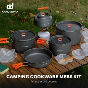 Glossy Home Camping Cookware Set. Odoland 18pcs Camping Cookware Large Size Hanging Pot Pan Kettle Set with Plastic Plates Bowls Soup Spoon for Camping