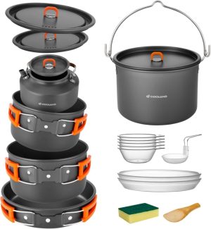 Glossy Home Camping Cookware Set. Odoland 18pcs Camping Cookware Large Size Hanging Pot Pan Kettle Set with Plastic Plates Bowls Soup Spoon for Camping