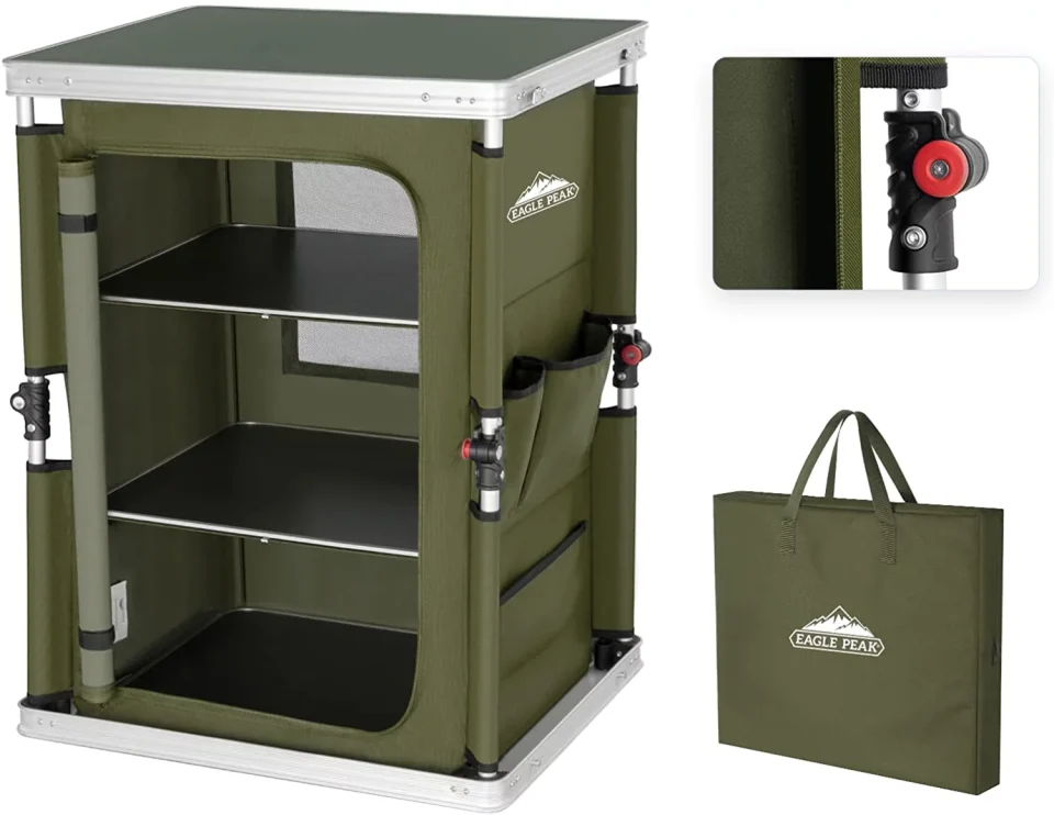 Value Eagle Peak Outdoor Camping Pop Up Folding Table with Large 3-Tier Storage Organizer and Side Pockets, Easy Set Up Portable Lightweight Aluminum Camping Kitchen, Green