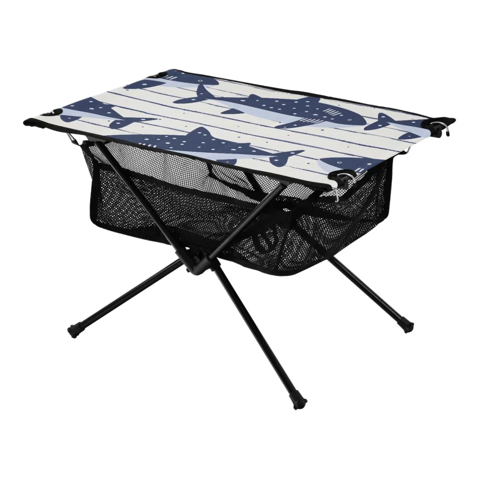 Space-Saving Cartoon Shark on Strips Camping Folding Table Portable Beach Table with Storage Bag Compact Picnic Table for Outdoor Travel Fishing BBQ