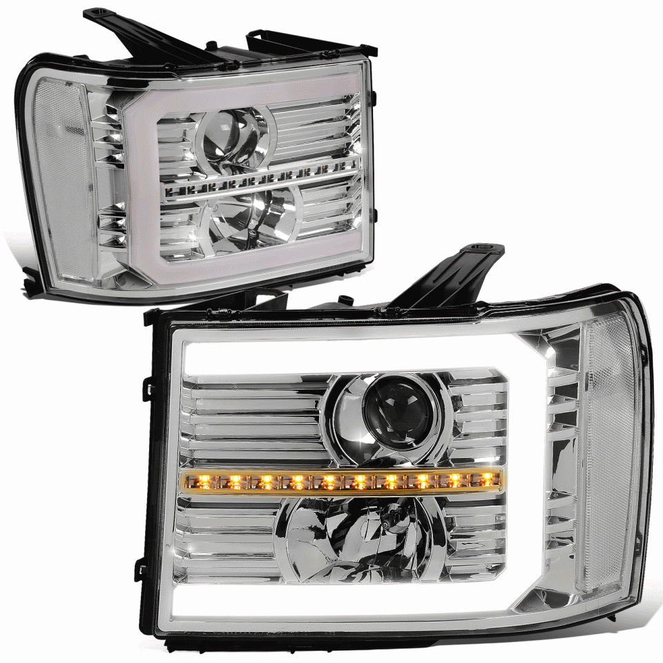 Premium Glass 07-14 GMC Sierra LED DRL+Sequential Signal Projector Headlight Lamps Chrome