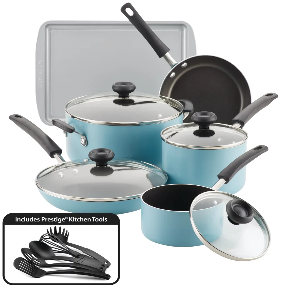 Kitchen Outdoor Farberware15-Piece Aluminum Nonstick Pots and Pans Set/Cookware Set, Aqua