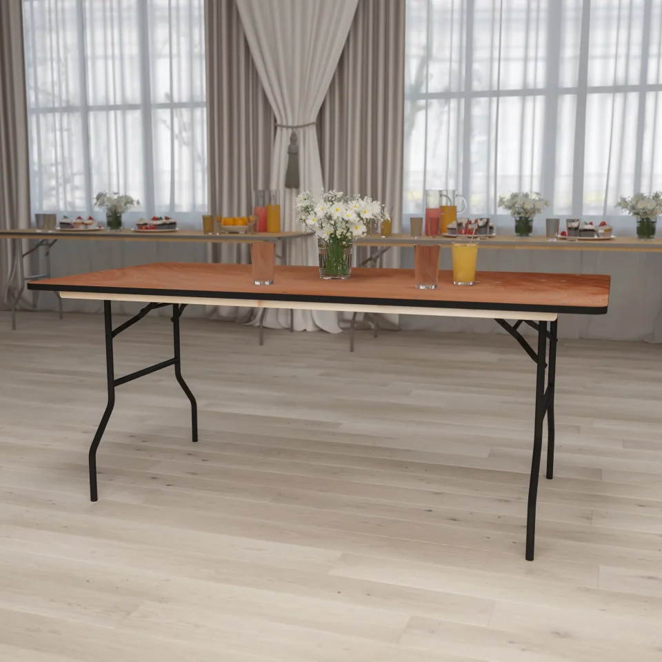 Easy-Clean Emma + Oliver 6-Foot Rectangular Wood Folding Banquet Table with Clear Coated Finished Top