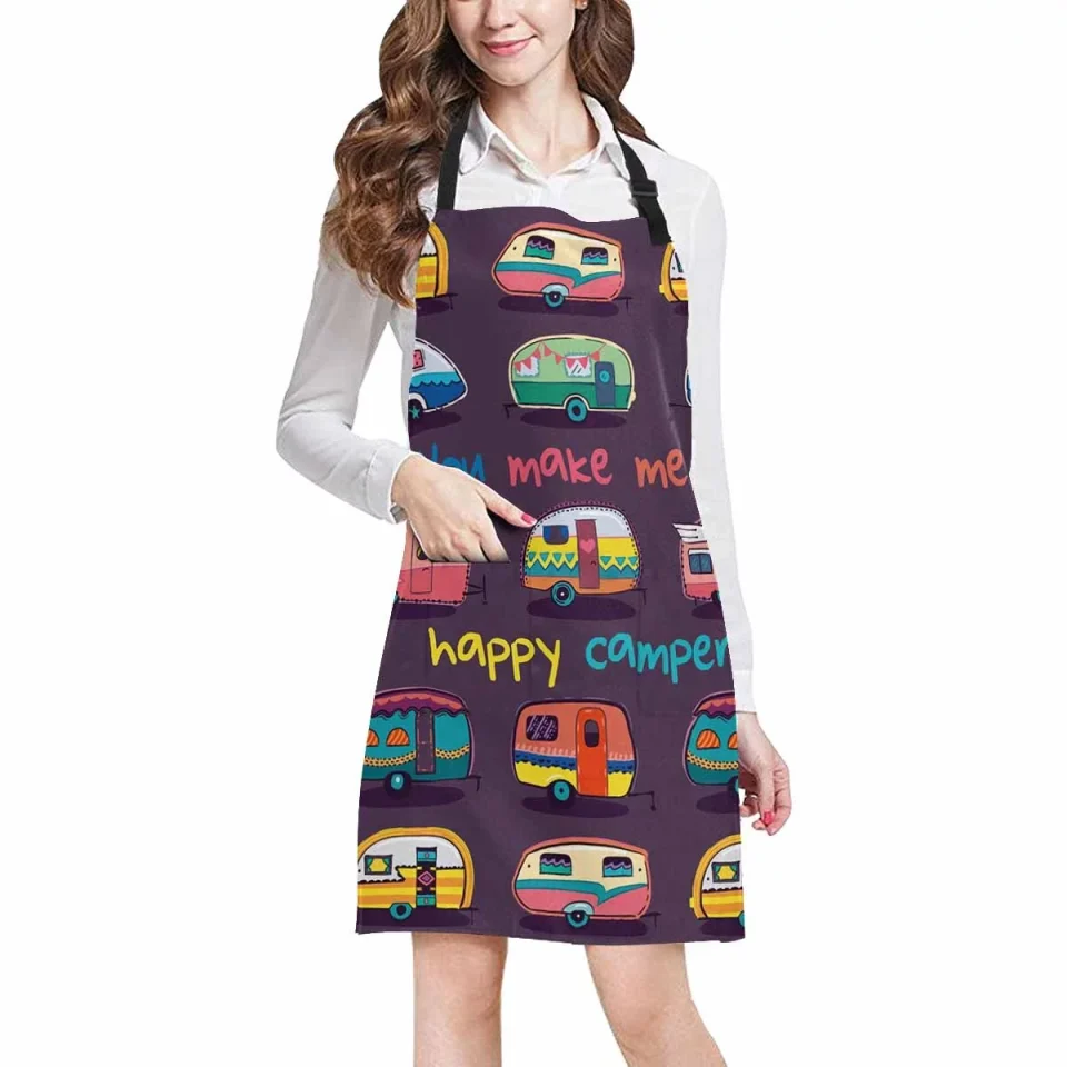 Stainless Steel ASHLEIGH Funny You Make Me Happy Camper Motivational Quote with Retro Caravans Home Kitchen Apron for Women Men with Pockets, Unisex Adjustable Bib Apron for Cooking Baking Gardening