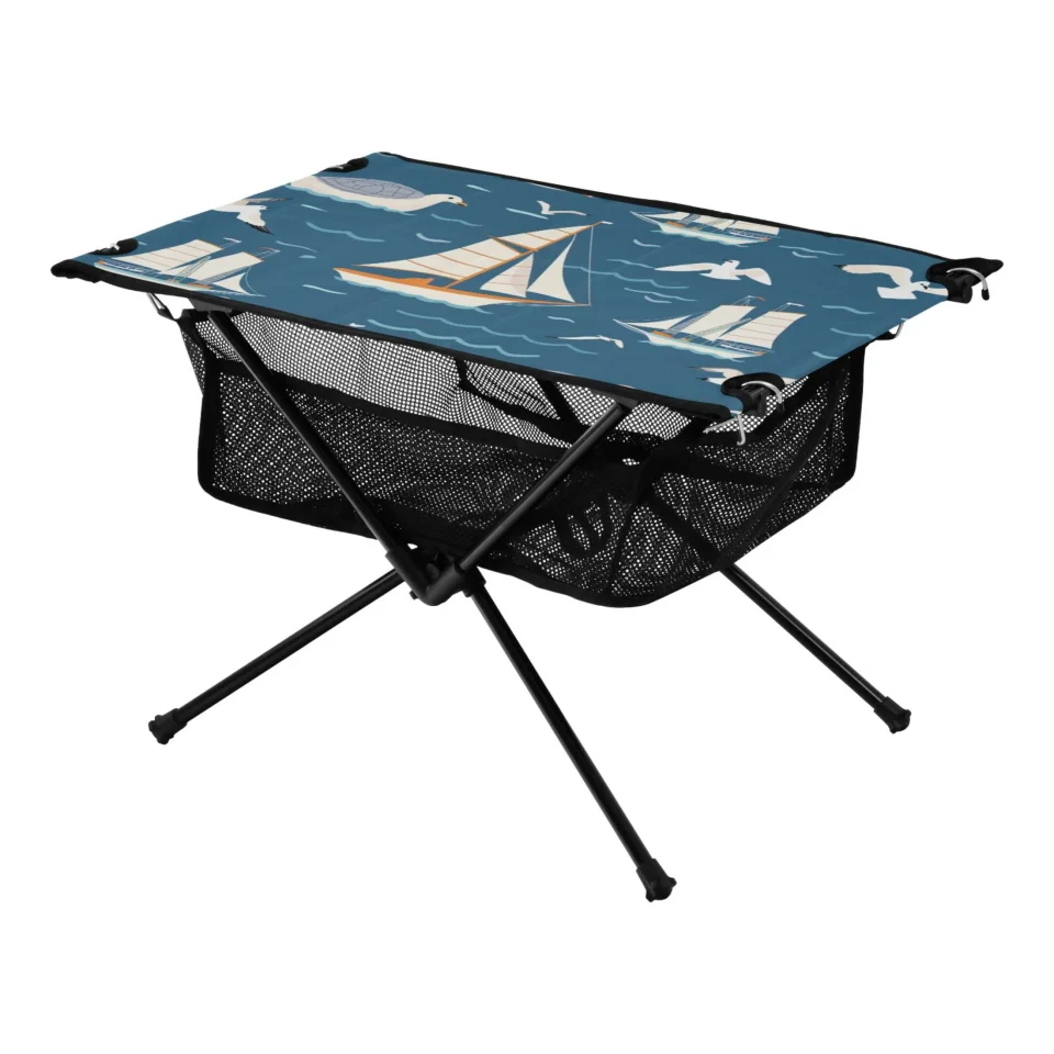 Thickened Seagulls and Ship Camping Folding Table Portable Beach Table with Storage Bag Compact Picnic Table for Outdoor Travel Fishing BBQ