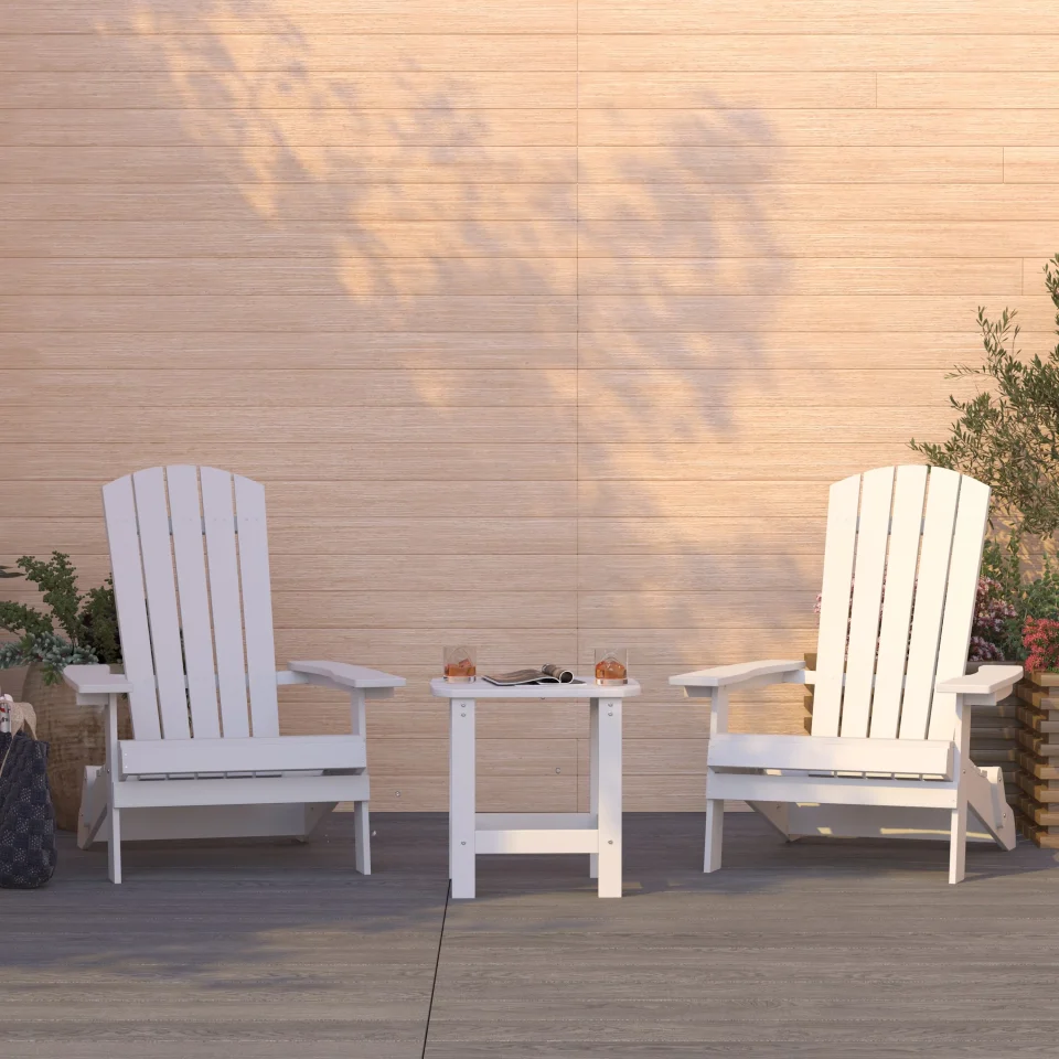 Ultimate Merrick Lane Set Of Two White Folding Adirondack Patio Chairs With Matching Outdoor Side Table