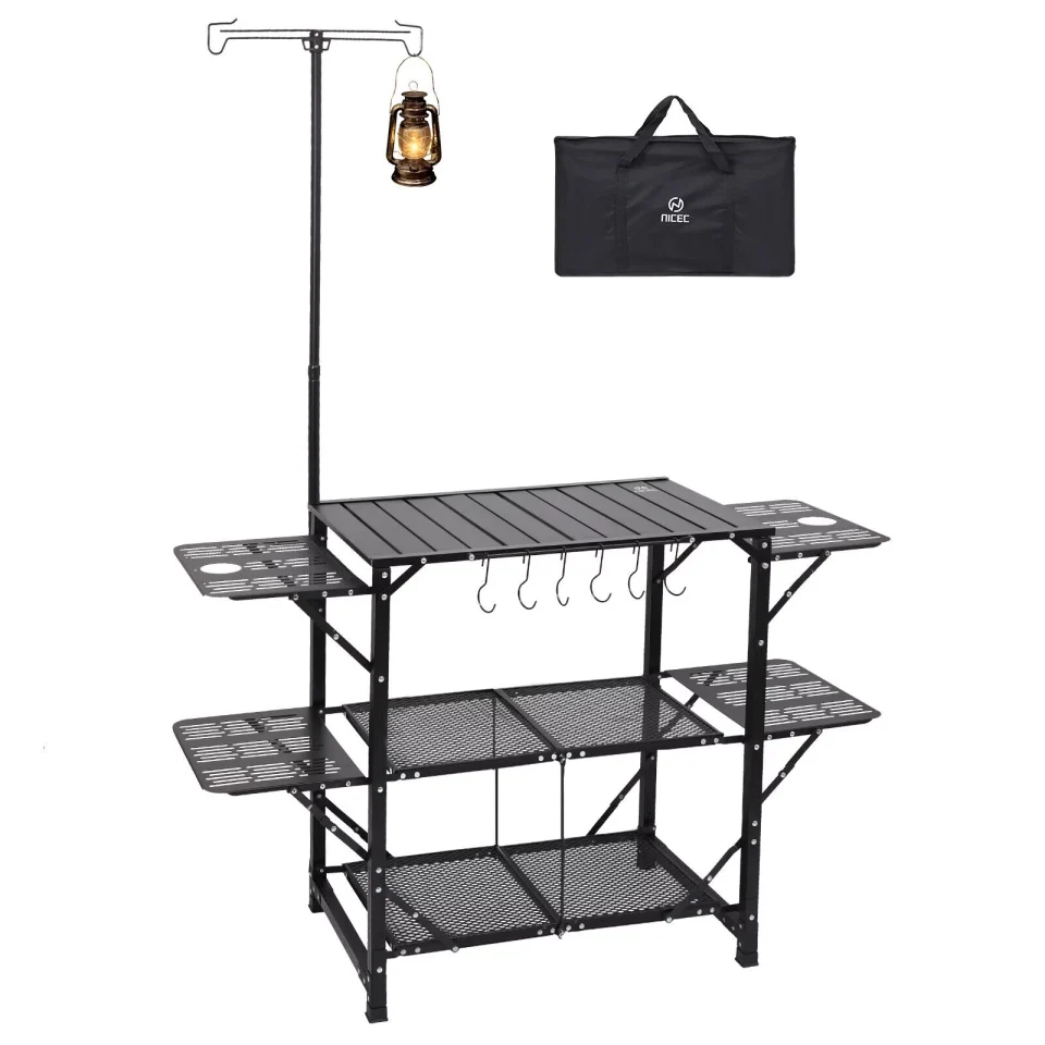Portable Nice C Dinning Cart Table, Grill Stand, Grill Cart, Grill Table, Camping Table, with 4 Extendable Side-Tables and Stand, Carry Bag for Picnic, Beach, Indoor (Black)