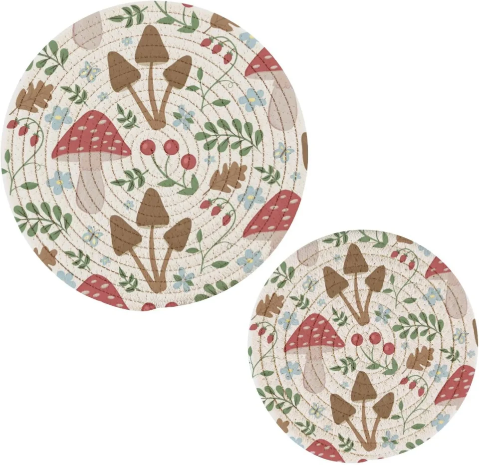 Best-Selling Coolnut Cute Mushroom Cotton Pot Holder Set of 16, Pure Cotton Wear-Resistant and Non-Slip Stylish Round Pot Holder for Daily Kitchen, Dining Table, Office, Cafe, Restaurant, BBQ Home Decor Gifts