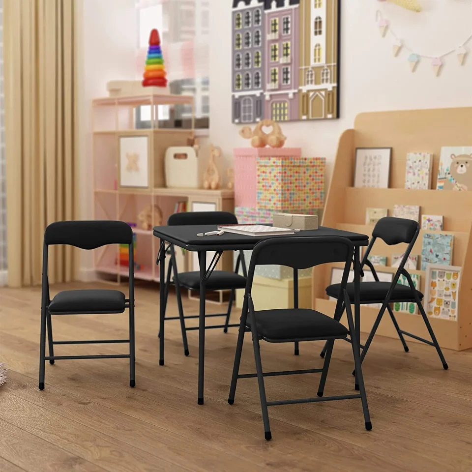 Lightweight Multi-Purpose 5 Piece Kid's Folding Table And Chairs Set - Black Design - Lightweight & Portable - Safety Lock Feature - Seating For 4