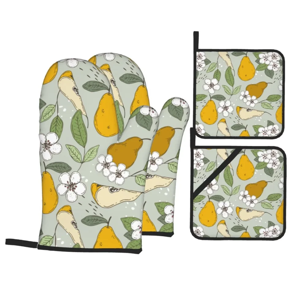 Stainless Steel Cast Iron ZNDUO Oven Mitts and Pot Holders Sets, Vintage Cartoon Yellow Pear Pattern Non-Slip Cooking Oven Mitt