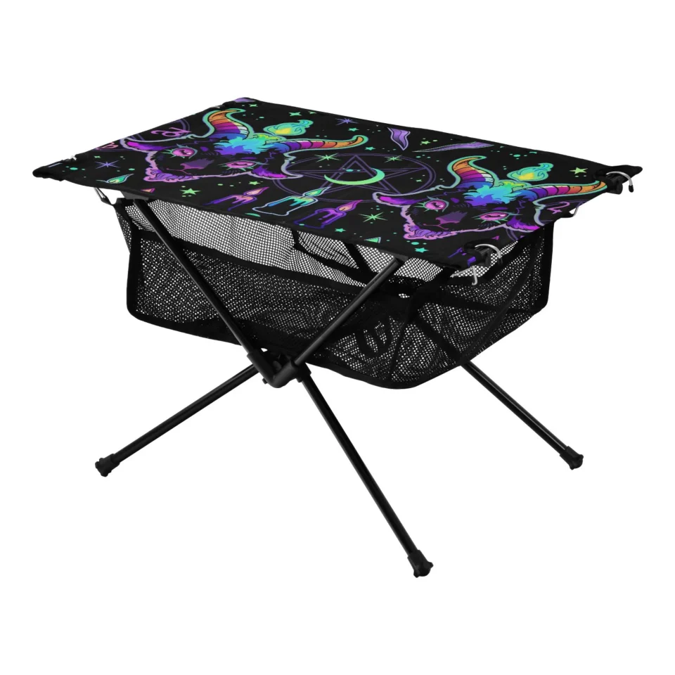 Pure Cartoon Devil Magic Camping Folding Table Portable Beach Table with Storage Bag Compact Picnic Table for Outdoor Travel Fishing BBQ
