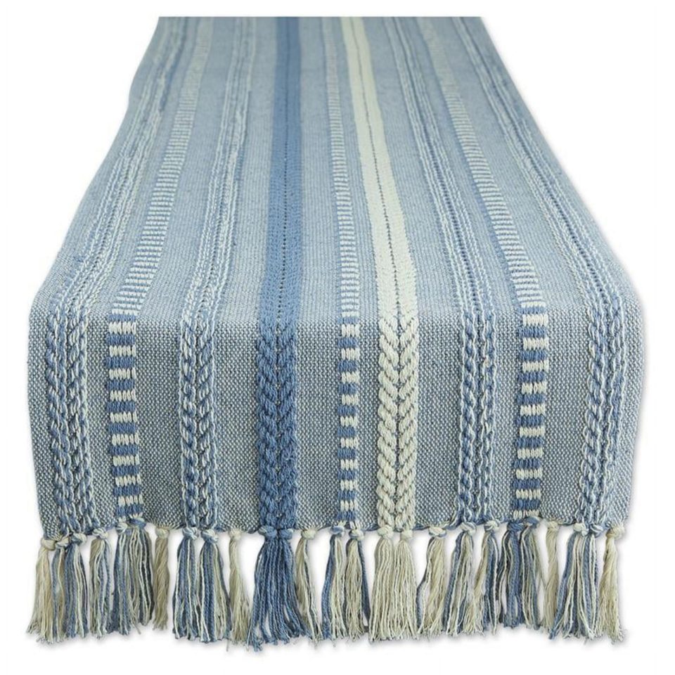Easy-Clean DII 15x108 Modern Cotton Braided Stripe Table Runner in Stonewash Blue/White