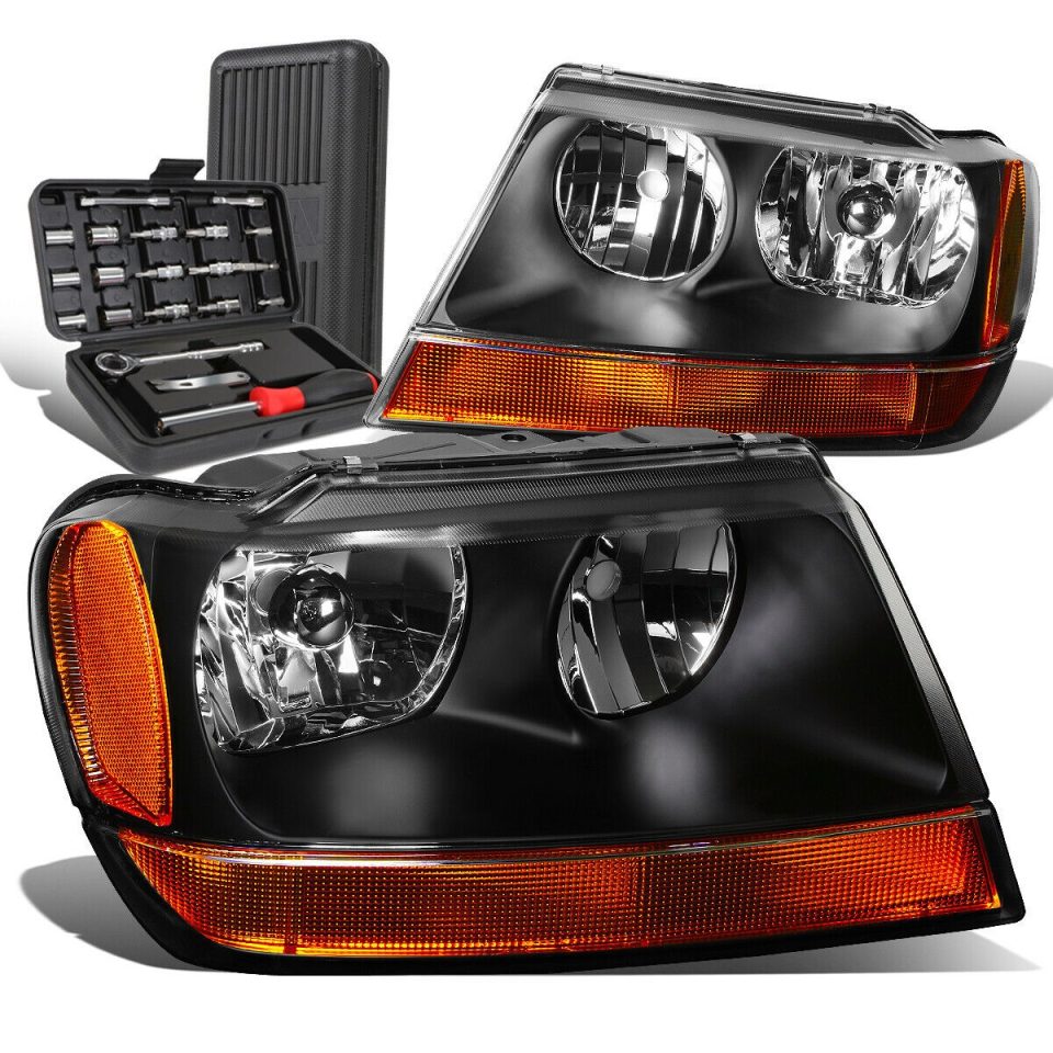 Matte 1999-2004 Jeep Grand Cherokee Pair Black/Amber Side Headlight Lamps+Tool Box