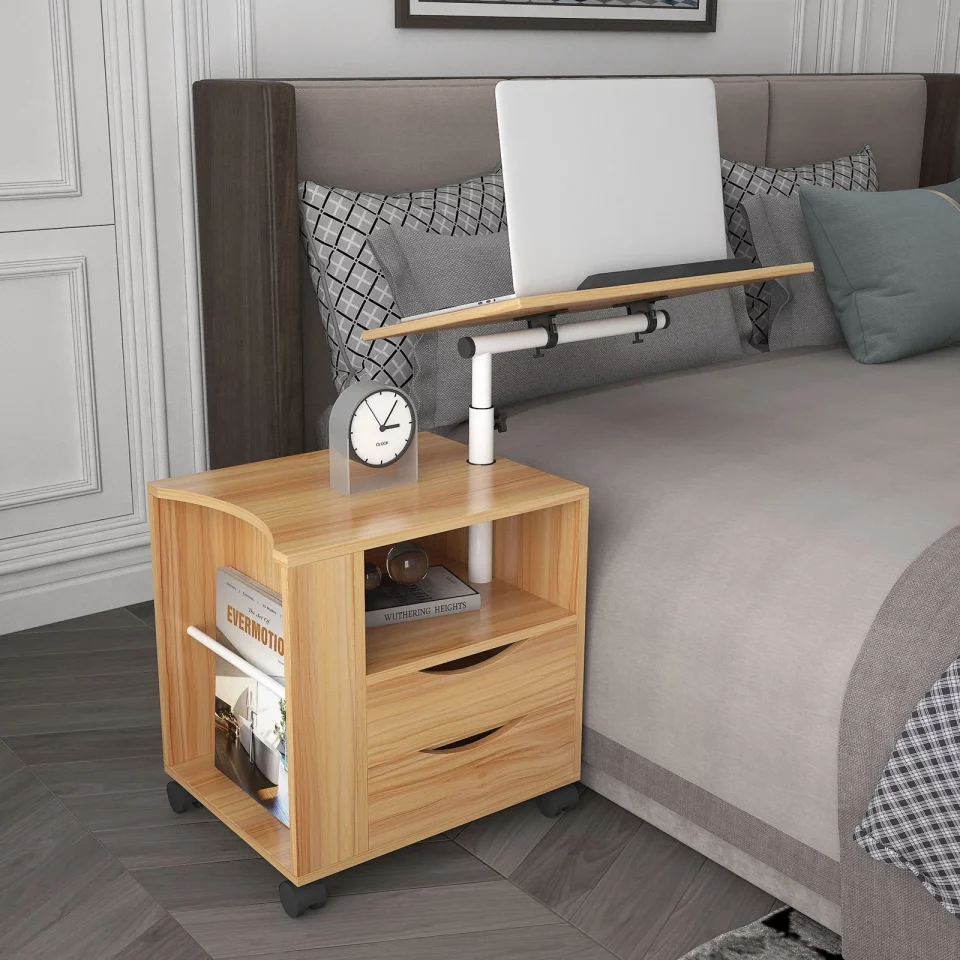 Cooking Multi-Purpose Maple Wooden Nightstand Height Adjustable Overbed End Table with 2 Drawers and Swivel Casters