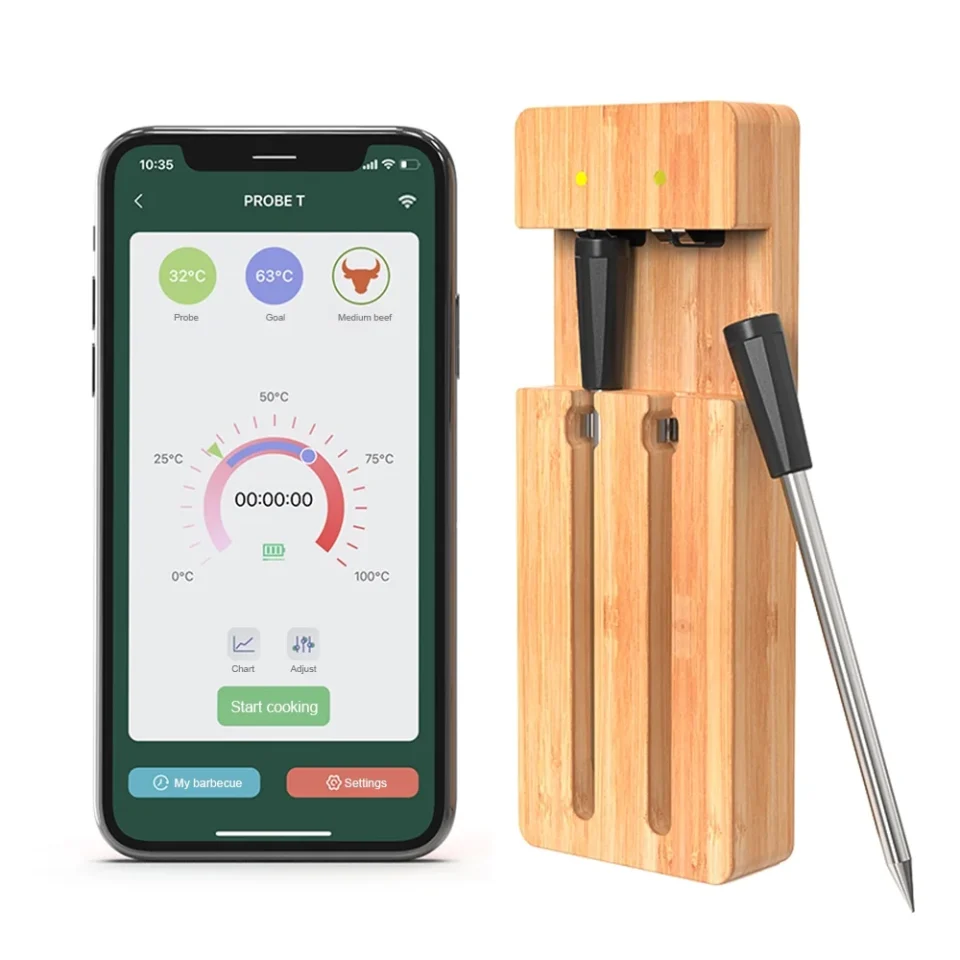Safe Smart Wireless Meat Thermometer 98FT Wireless BT Meat Thermometer with 2 Probes Smart APP Control Waterproof Type-C Rechargeable Food Cooking Thermometer for BBQ Oven Grill Smoker