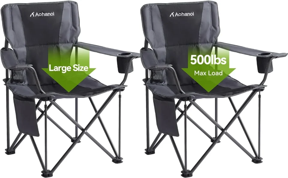Polished Clear Camping Chairs, Camping Chairs for Heavy People, Oversize Outdoor Folding Moon Chairs with Extra Wide Seats, Lawn Chairs Folding Supports up to 500lbs, Black 2Pcs