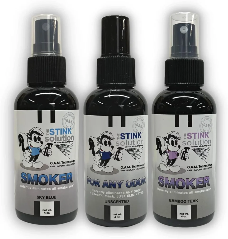 Pure Smokers Odor Eliminating Spray Completely removes Smoke Odors. Three 4 oz bottles One Bamboo Teak, One new Sky Blue and one unscented.