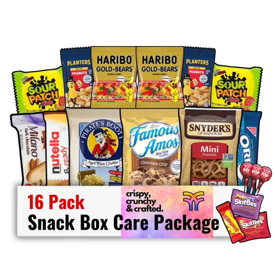 Ultimate Durable Fountain City Fulfillment Snack Box Care Package -Variety Snack Boxes for Adults, Teens & Kids - Gummy Bears, Cookies, Peanuts, Cookie Sandwiches - Snack Pack Food for College, Camp, Road Trip 16 pack