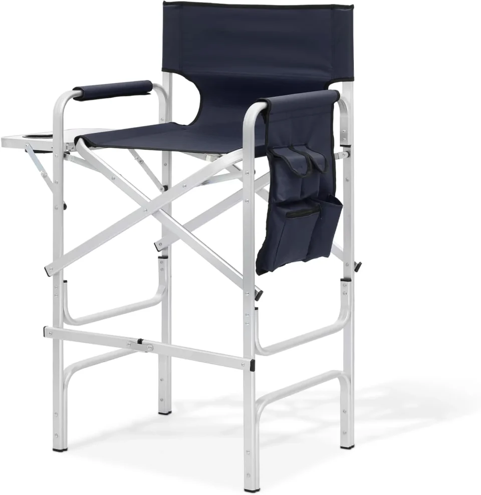 Eco-Friendly Value Height Folding Camping Tall Directors Chair With Side Table Foldable Portable Makeup Artist Chair, Navy Blue