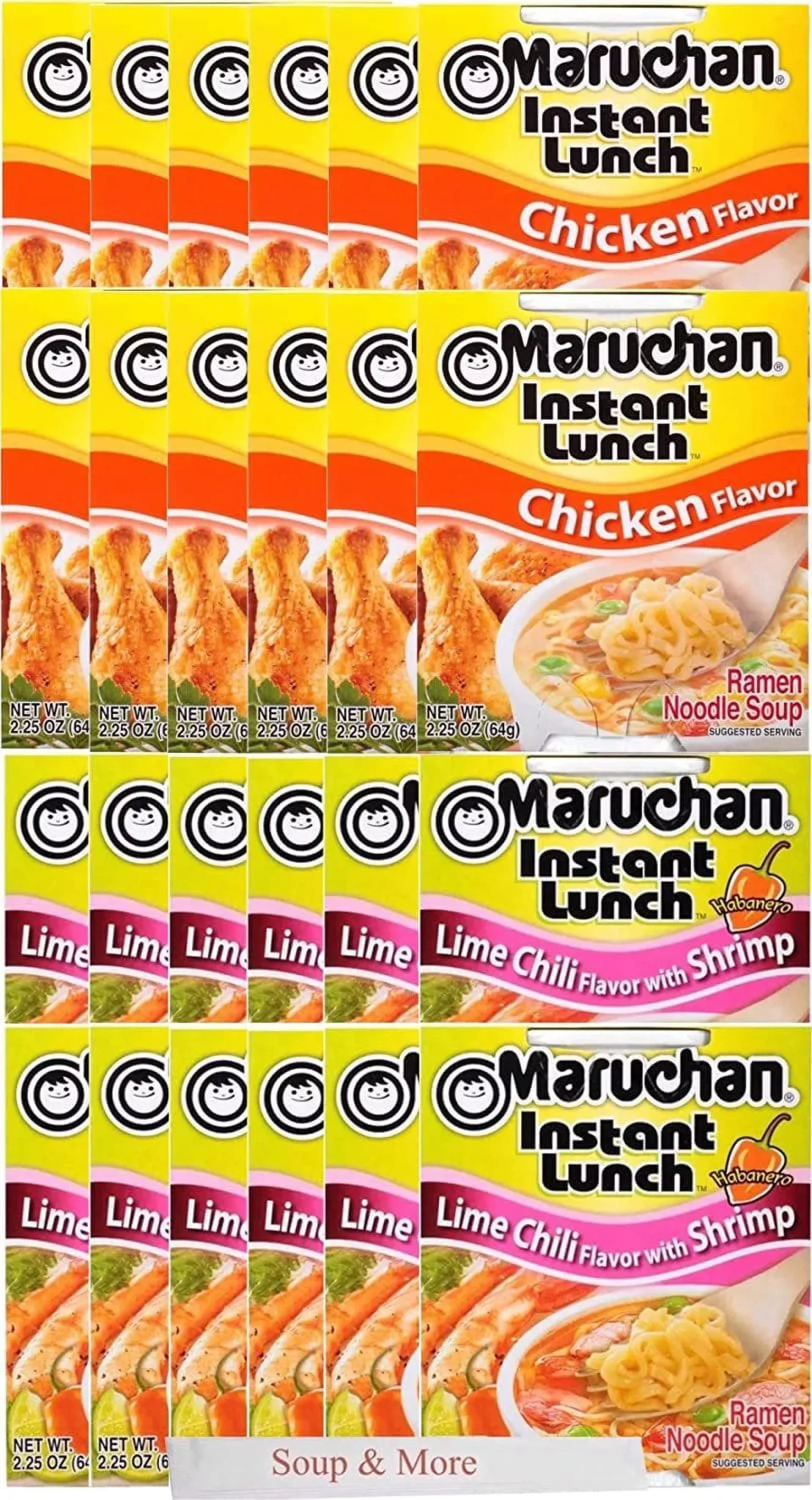 Pure Office Maruchan Ramen Instant Cup Noodles 24 Count - 12 Chicken Flavor & 12 Lime Chili Shrimp Flavor Lunch / Dinner Variety, 2 Flavors