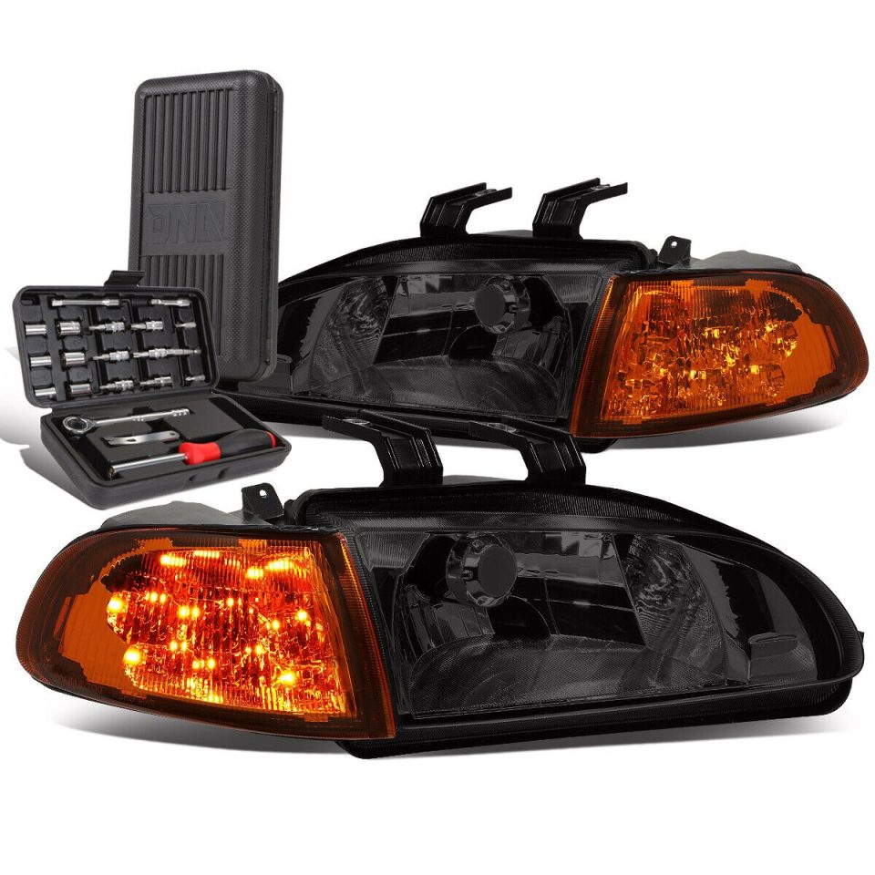 Premium 1992-1995 Honda Civic Smoked Housing LED Turn Signal Headlight Lamp+Tool Box