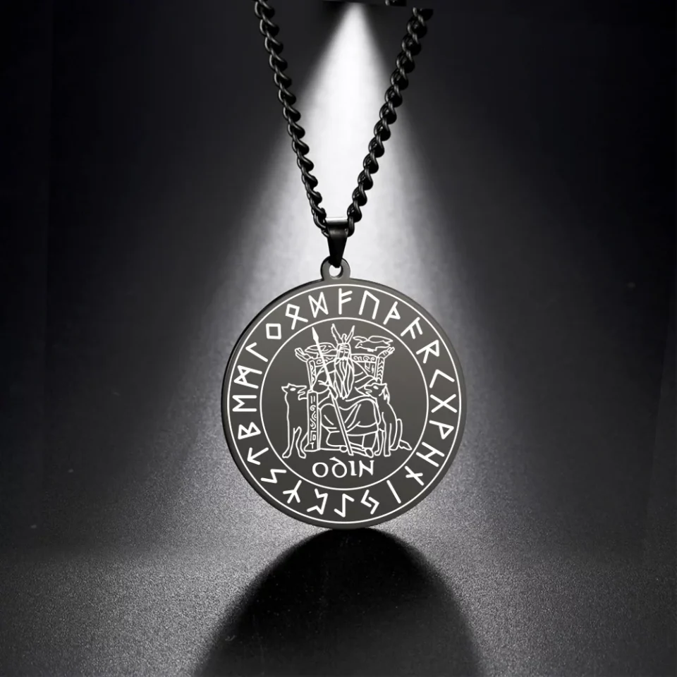 Cast Iron EUEAVAN Black Viking Runes Odin Stainless Steel Necklace Vintage Jewelry